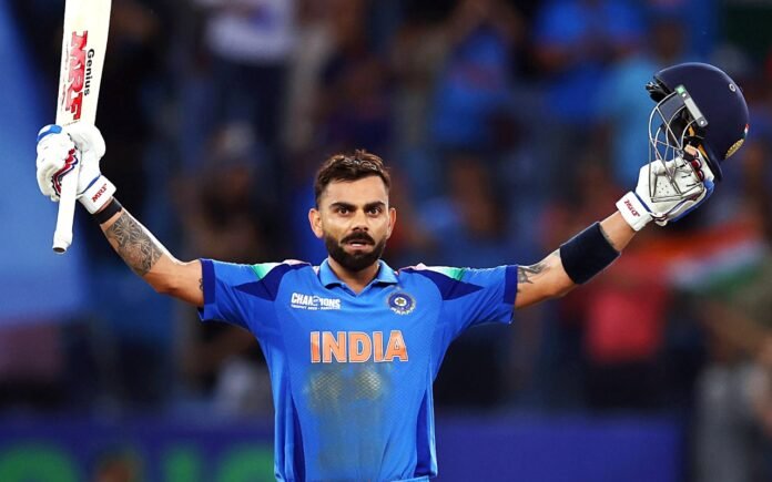 India's Virat Kohli celebrates his century in Champions Trophy 2025.