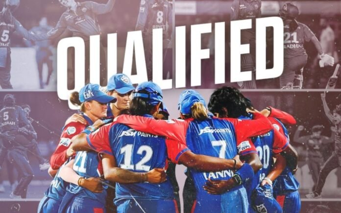 Delhi Capitals Women's team celebrating qualification for the playoffs