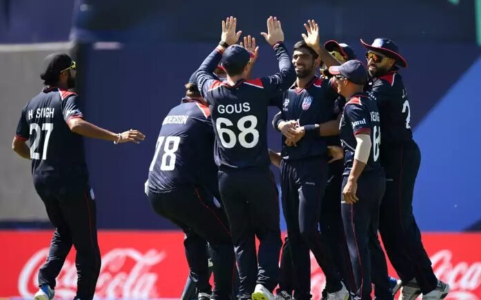 USA Cricket team players celebrating a wicket during a match.