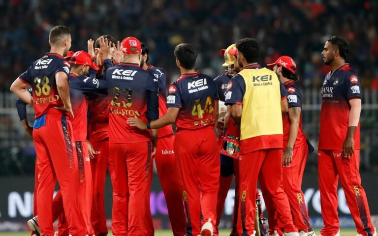 Royal Challengers Bangalore (RCB) players celebrating on the field during an IPL 2025 match between RCB vs KKR