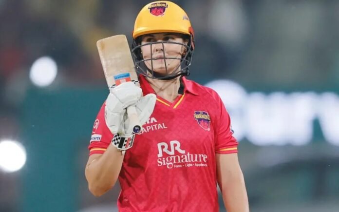 Georgia Voll celebrates after scoring an unbeaten 99 runs against RCB in the Women's Premier League 2025,