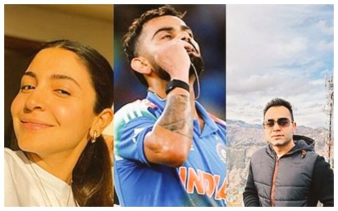 A collage featuring Anushka, Virat, and Vikas Kohli.