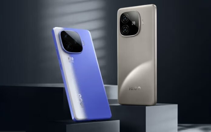 iQOO smartphones displayed on a stylish pedestal.
