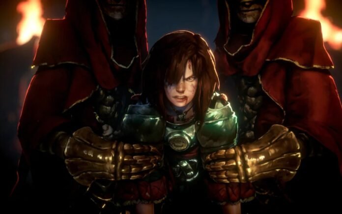 A fierce-looking female warrior with blood on her face