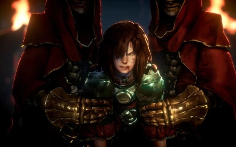 A fierce-looking female warrior with blood on her face