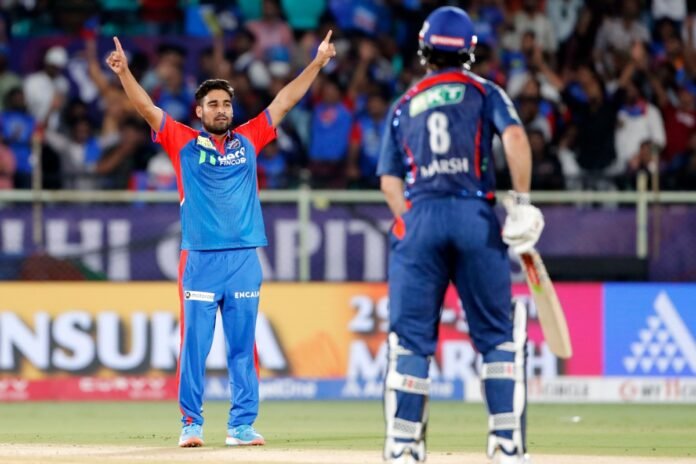 Delhi Capitals' Vipraj Nigam celebrates the dismissal of Lucknow Super Giants' Aiden Markram